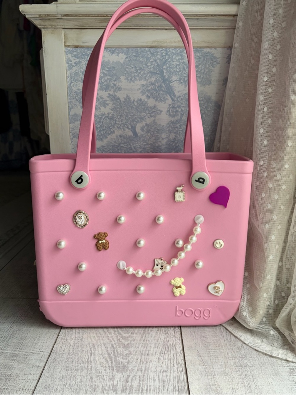 BOGG BAG Pink Tote with Pearl and Charm Accents